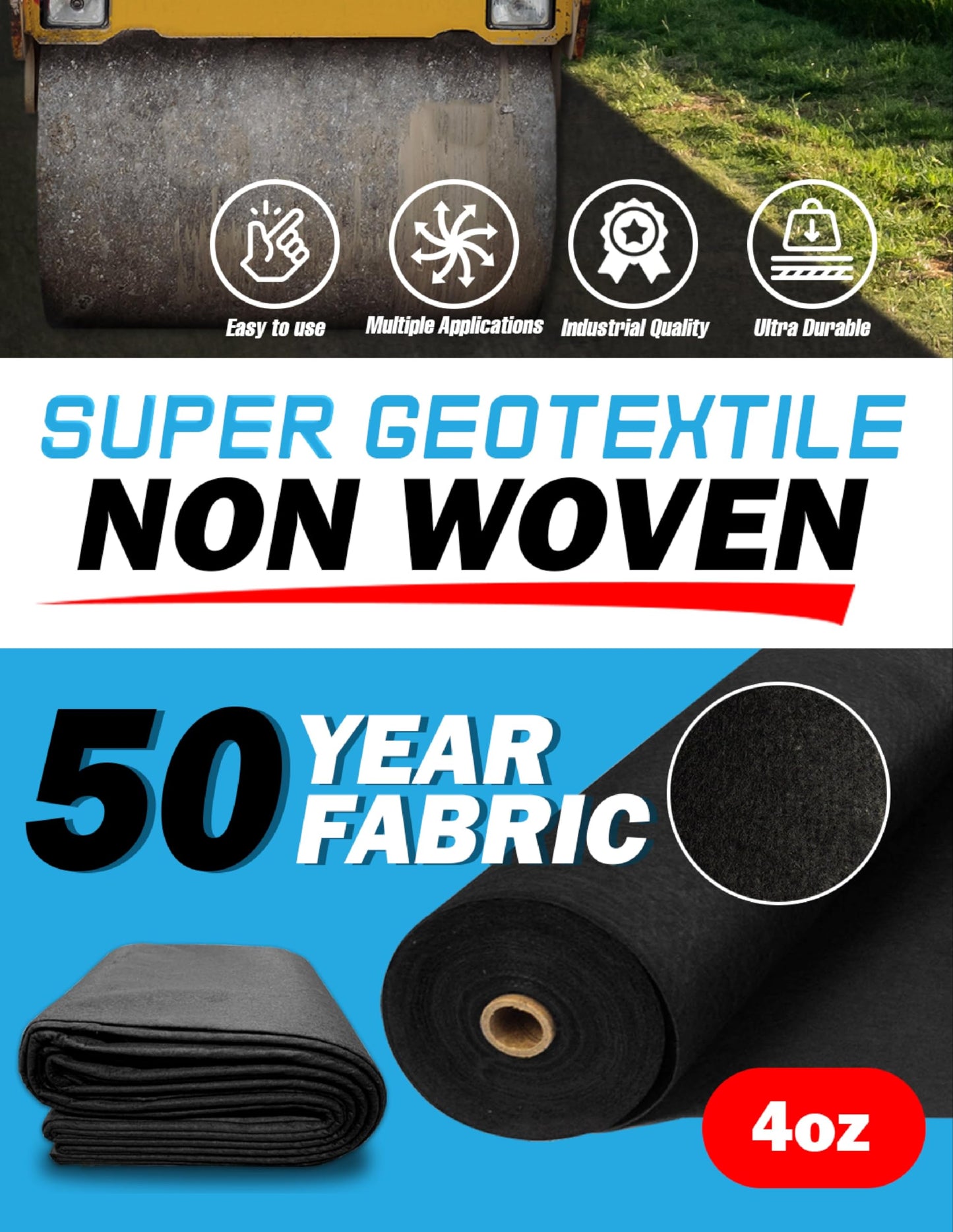Super Geotextile 4, 6, 8 oz Non Woven Fabric for Landscaping, French Drains, Underlayment, Erosion Control, Construction Projects - 4 oz (3X250)