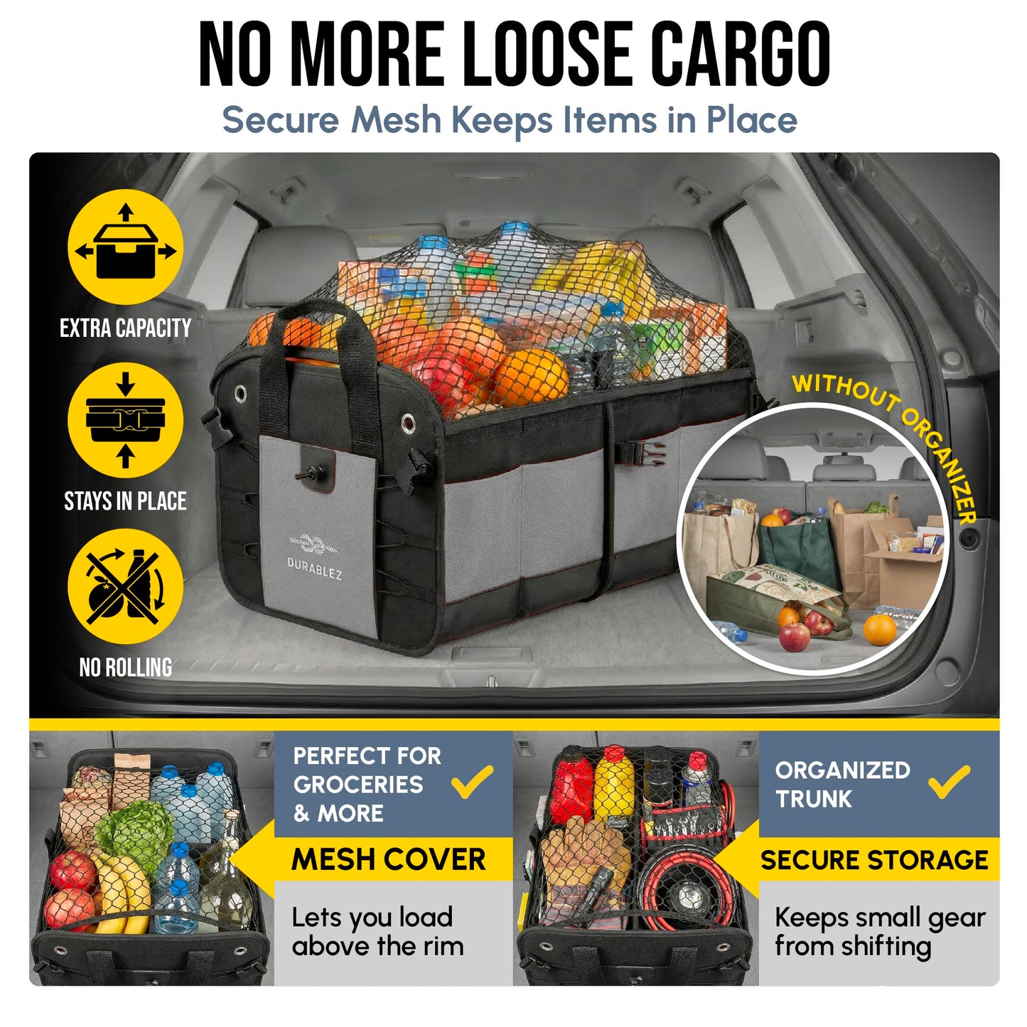 DURABLEZ Modular 5-Section Trunk Organizer XL – Car Storage for Groceries, Tools, Sports Gear, Emergency Kits – Extra Large Multi-Module Cargo Box, Foldable, Detachable, Heavy Duty Design – Gray
