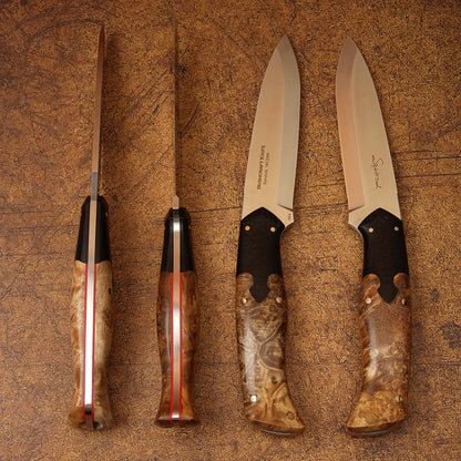 SPIRIT DEED hand forged outdoor camping hunting knife with leather sheath and flint, Sandvik 14C28N steel blade, ergonomic white shadow wood handle