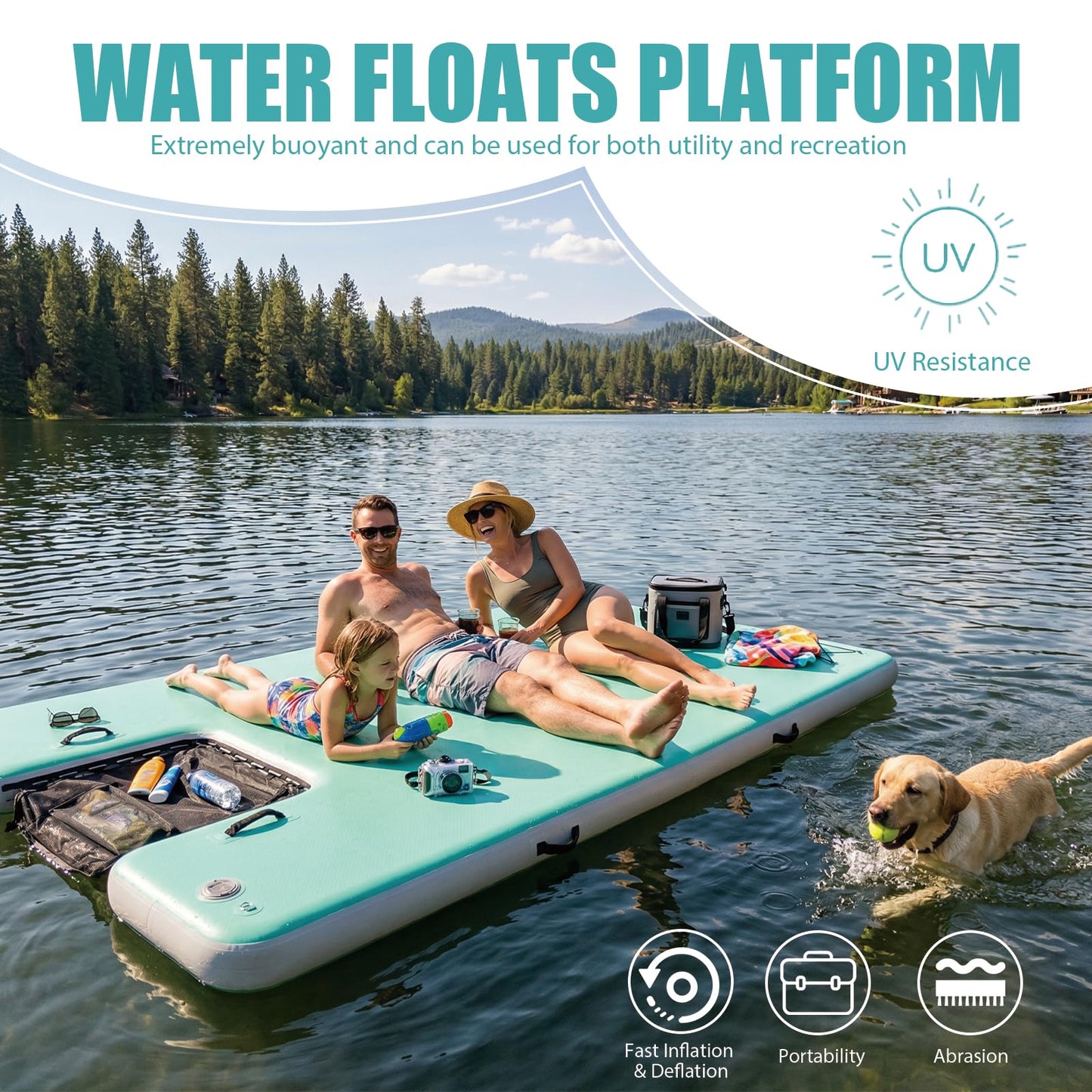 JUSTOOP Inflatable Floating Dock with Water Ramp, Floating Island Raft for Dogs and Adults, Inflatable Dog Float, Multi-Person Air Dock Platform for Lakes, Pools, and Oceans, 5 * 6FT, Teal