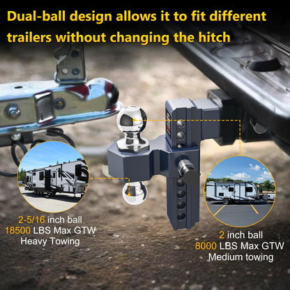 Vullteeon Adjustable Trailer Hitch, Drop Hitch for 2.5 Inch Receiver, 8 inch Aluminum Truck Hitch, 2 and 2-5/16 inch Balls, 18,500 LBLBS GTW, Two Anti-Theft Pins Locks