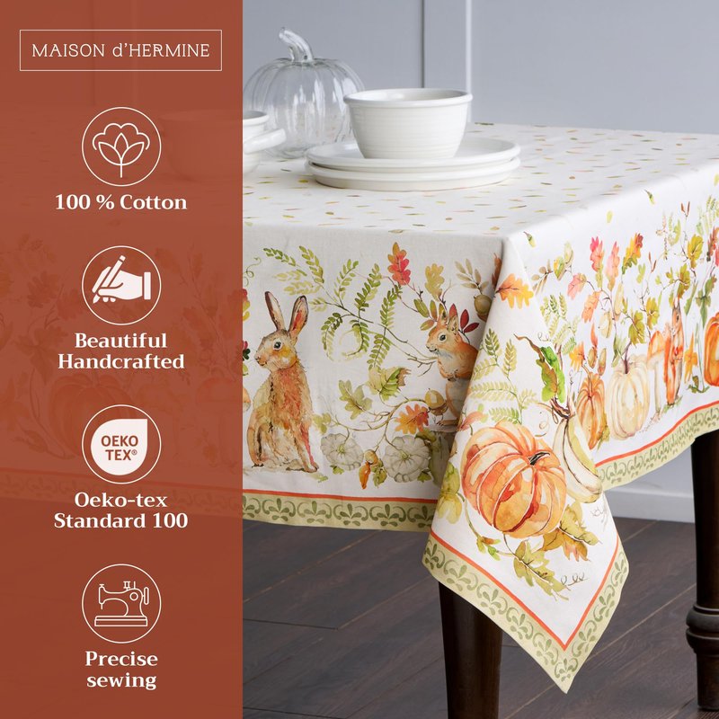 Maison d' Hermine Table Cloth Rectangle Table 100% Cotton 70 x 90 Inches Fall Tablecloth Reusable Everyday Use for Thanksgiving Christmas Decorations Dining Farmhouse Party (Pumpkin Passion)