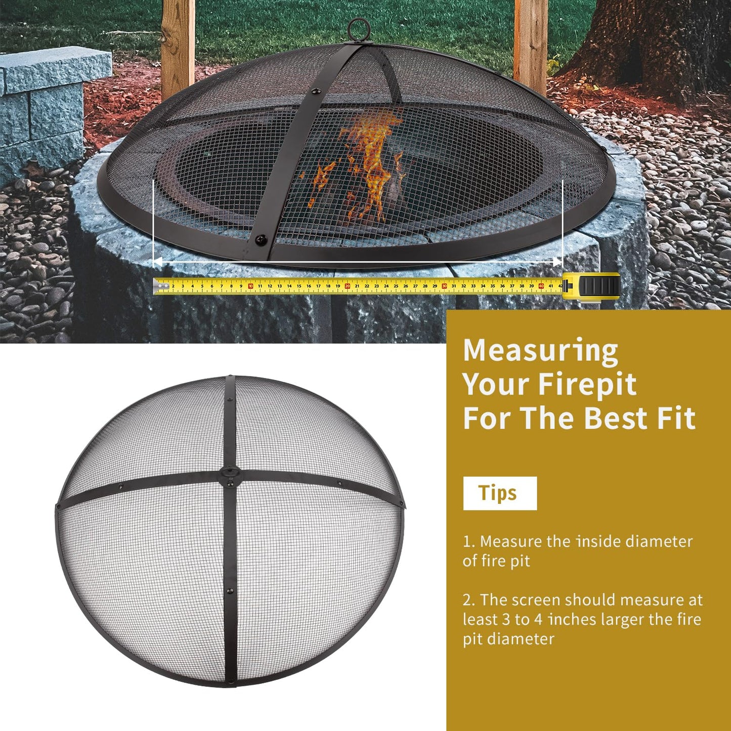 WeCooper 40Inch Round Fire Pit Spark Screen Cover,Outdoor Patio Mesh FirePit Screens,Heavy Duty Steel Domed Fire Pit Ember Guard with Handle