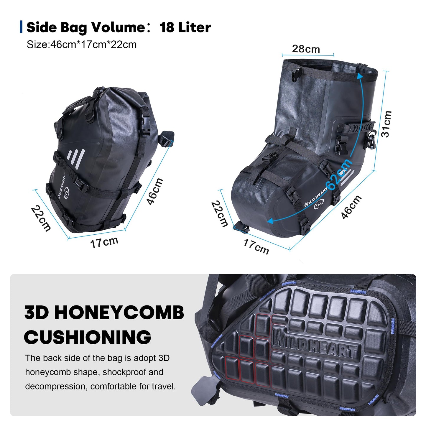 WILD HEART Motorcycle Saddlebags Waterproof 36L (18L*2) Side Saddlebags Pannier Bag Trunk Motorcycle Accessory Riding Storage Space (18L*2,Black)