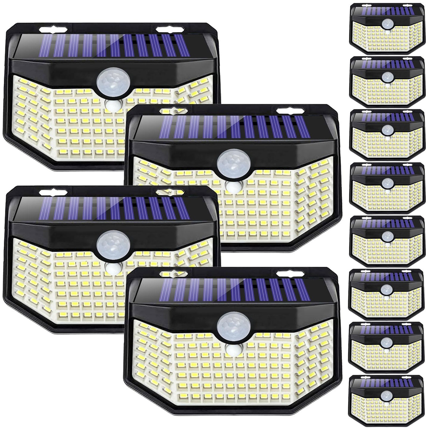 HMCITY 120 LED Outdoor Solar Lights with Motion Sensor and 3 Lighting Modes, IP65 Waterproof Wide Solar Wall Lights Ideal for Garden Patio Yard (Front Button 12Packs, Black Shell-Daylight White)