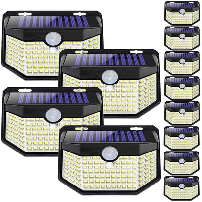 HMCITY 120 LED Outdoor Solar Lights with Motion Sensor and 3 Lighting Modes, IP65 Waterproof Wide Solar Wall Lights Ideal for Garden Patio Yard (Front Button 12Packs, Black Shell-Daylight White)