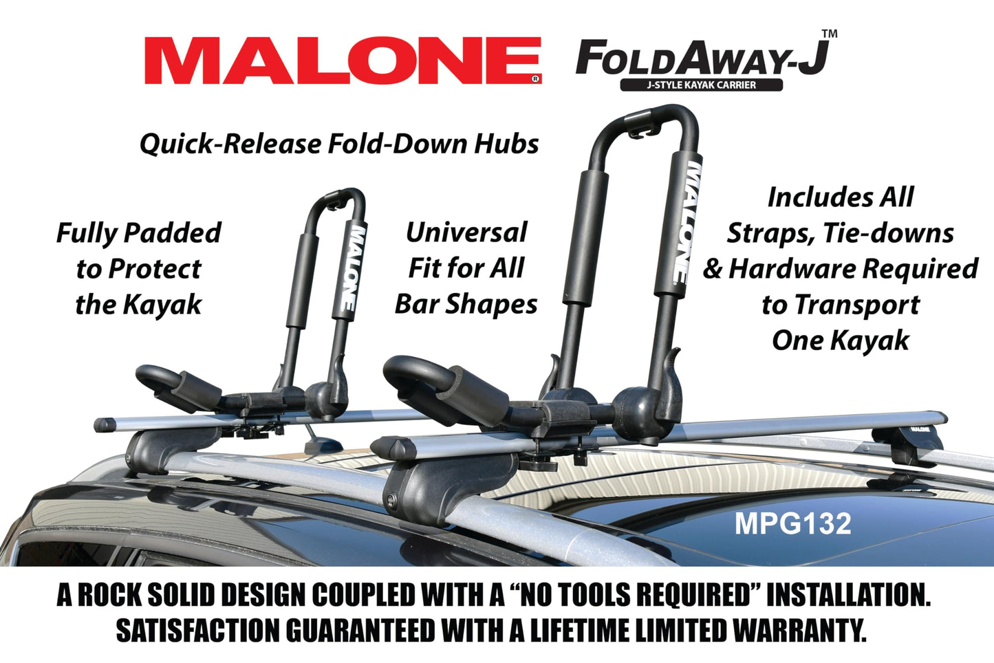Malone Foldaway-J™ Kayak Rack Carrier, Single, Universal Fit, Tool Free Install, 75 lb Capacity, Limited, USA (MPG132)