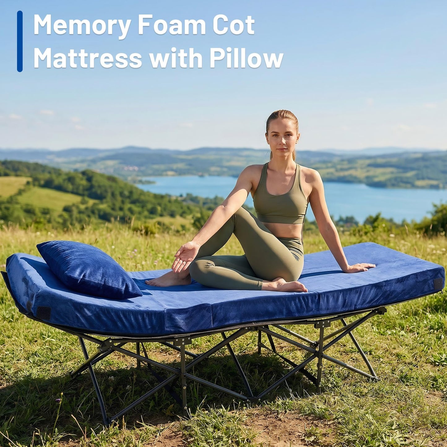 Easthome Twin Memory Foam Camping Mattress Pad with Pillow - Extra Thick 4 Inch Sleeping Pad for Camping, Waterproof Roll Up Mattress Topper for Adults Car Truck Tent Guest Bed, Travel Bag, Navy Blue