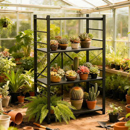INTER HUT 4 Tier Foldable Greenhouse Shelving Unit, Heavy Duty Steel Plant Stand Storage Rack, No Assembly Required, 130lbs Per Shelf Capacity, 28"x14.6"x44.7”, 2 Pack, Black