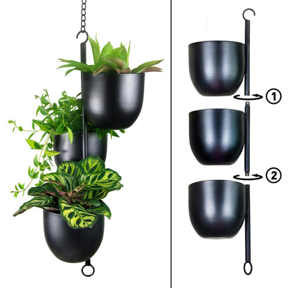 HemePaha 3-Tier Metal Hanging Planter with 6 Inch Oval Pots - Black Modern Triple Tiered Plant Hanger - Vertical Stackable Wall and Ceiling Mount Holder for Indoor and Houseplants