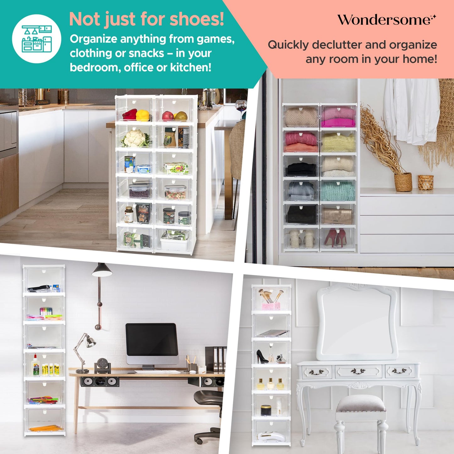 Wondersome Collapsible Shoe Rack Organizer - 24-Compartment Clear Door Storage Containers - Sturdy, Foldable Shoes, Boots, Sneaker Display Cabinet - Stackable Cube Shelf Organization - US-Based Brand