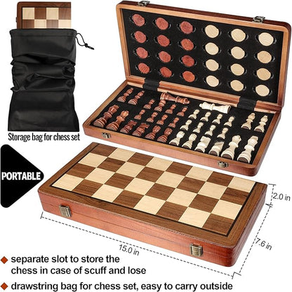 2 in 1 Wooden Chess and Checkers Set - Folding Magnetic Chess Board with Storage Slots Chess Pieces Portable Travel Chess Set for Adults &amp Kids Includes Carry Bag
