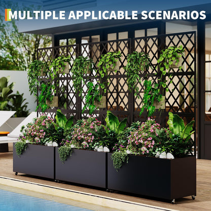 Garvee Galvanized Raised Garden Bed with Trellis, 71"X35.04"X16" Planter Box with Lockable Wheels, Drainage Holes & Privacy Screen for Vegetables, Vines on Patio, Deck, Yard, Black