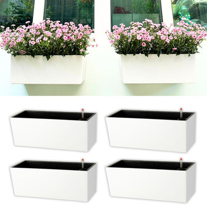 LaLaGreen Outdoor Wall Planters (14 Inch, 4 Pack) White Self-Watering Wall Mounted Flower Boxes, Rectangular Window Box Hanging Planters Plastic Containers Pot Indoor Herbs Modern Home Garden Decor