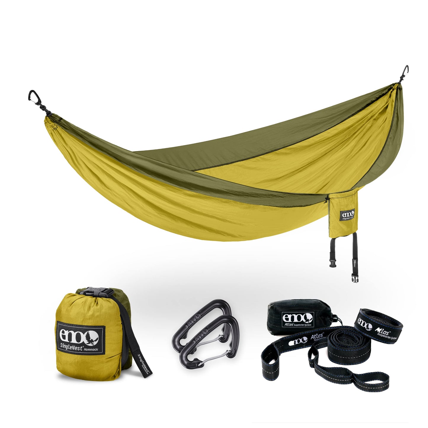 ENO Bundle, Includes The SingleNest Hammock & Atlas Suspension System, Lightweight, Durable Hammock with Straps for Camping, Hiking & Travel, Melon/Olive