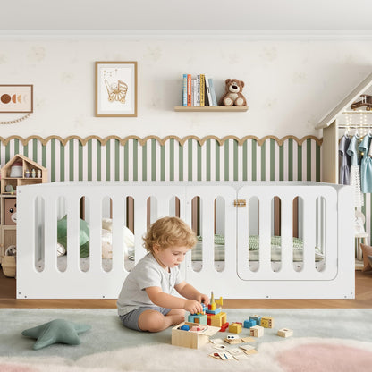 GDFStudio Twin Size Montessori Floor Bed with Door, Solid Wood Kids Floor Bed Frame, Low Profile No Box Spring Needed, House Style Design, Sturdy Slat Support, Light White Finish