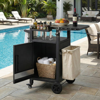 Merax Small Outdoor Grill Cart with Storage Cabinet & Drop Leaf, Outdoor Metal Bar Cart Pizza Oven Table on Wheels, Stainless Steel Top Outdoor Kitchen Island for BBQ Food Prep, Grill Cover Included