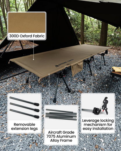 ONETIGRIS SUPRANUBIS Camping Cot, Height Adjustable with Cot Leg Extenders, Strong Support 330lbs, Lightweight Comfortable Folding Bed for Camping, Hiking, Travel, Truck, Beach, Office Nap