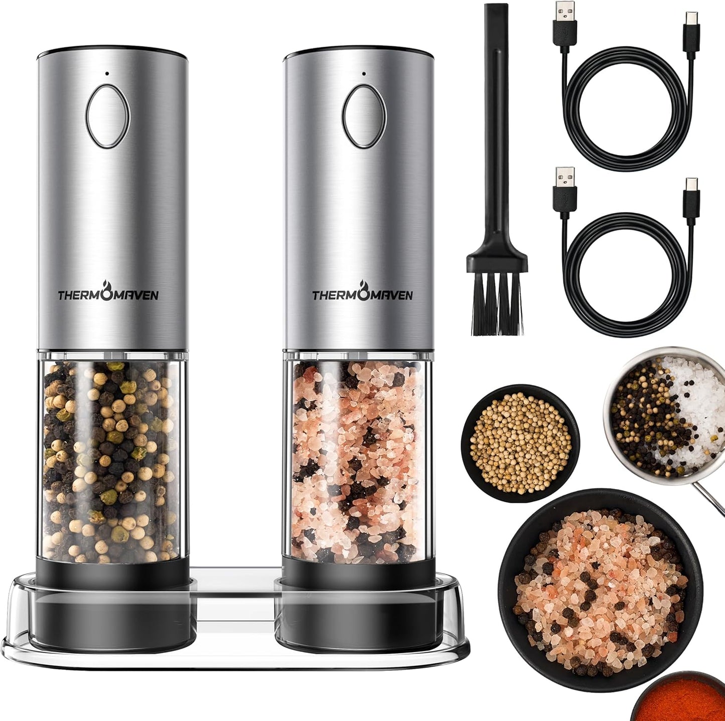 ThermoMaven Electric Salt and Pepper Grinder Set - Rechargeable 110ml Mill with 6 Coarseness Levels | Black, 2-Pack