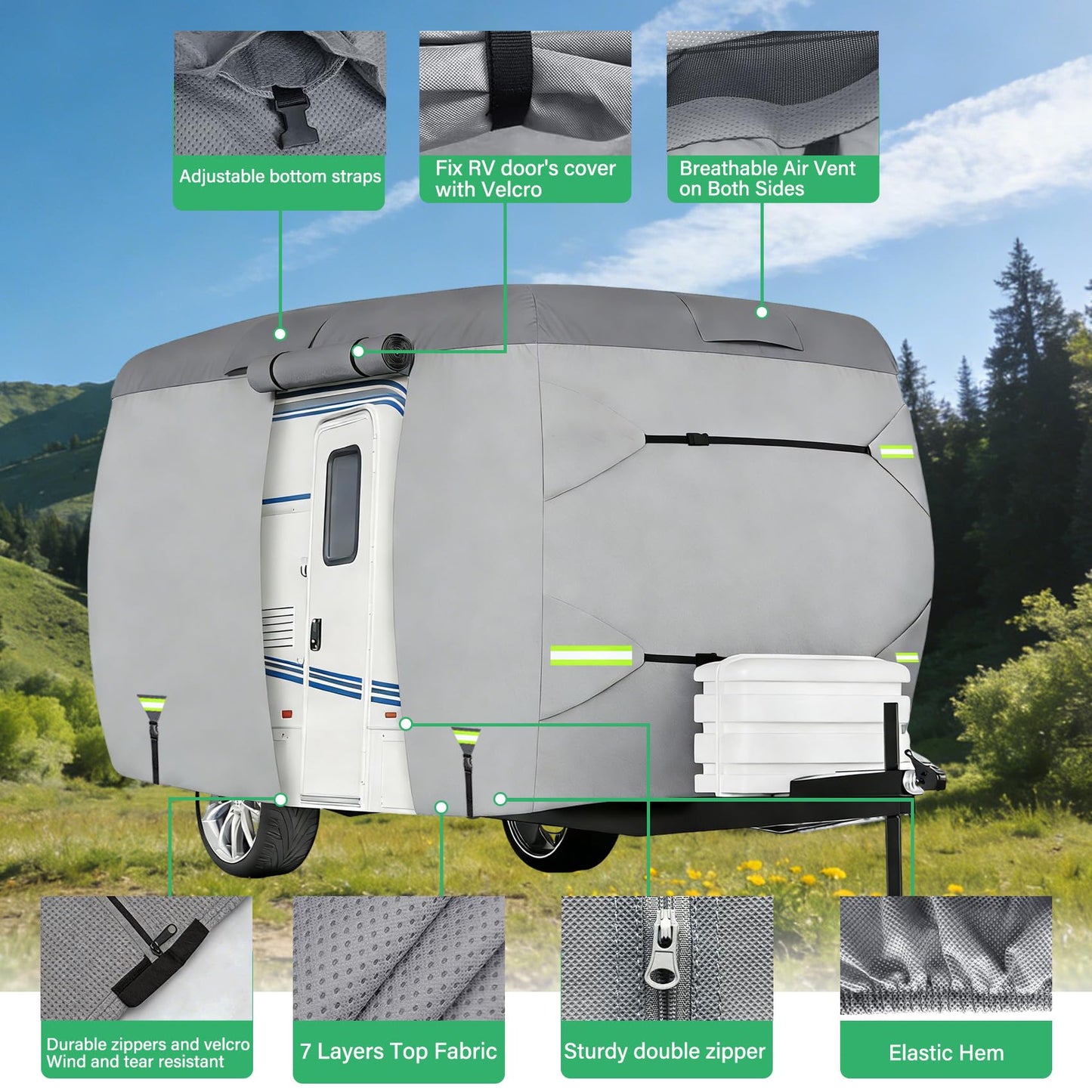RV Cover, Travel Trailer, Lightweight Waterproof Camper Cover with Tire Covers, Tongne Jack Caps, Windproof Straps Winter Campsite,All-Weather Protection (13-16FT Fiberglass Travel Trailer Cover)