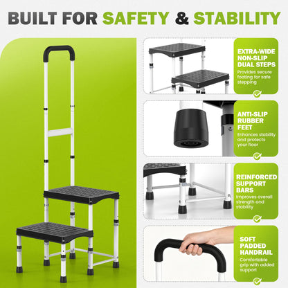 DEPSUNNY RV Step Stool with Handle for Elderly,2 Step Ladder with Handrail, Reinforced PP Wide Platform, Adjustable Height, Portable Stairs for Hot Tub/Camper/Mobile Home/Porch/SPA Pool/Pet Stairs