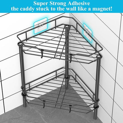HuggieGems Corner Shower Caddy Organizer - 2 Tier Floor Stand with Hooks | Stylish Black Bathroom Shelf