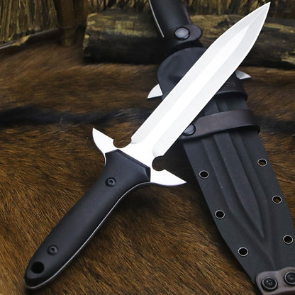 BA-KOR 14.4” Fixed Blade Hunting Knife, CPM 3V Steel Full Tang Survival Knife, 5mm Thick Mirror Polished Blade, G10 Handle, Leather Wrapped Kydex Sheath & 5.9” Fire Starter