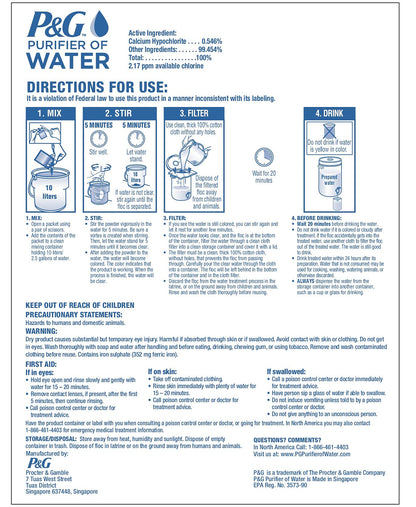 P&G Purifier of Water Portable Water Purifier Packets (240 Packets) - Emergency Water Filter Purification Powder for Emergency Kit, Survival, Camping, Hiking, Backpacking, and Disaster Preparedness