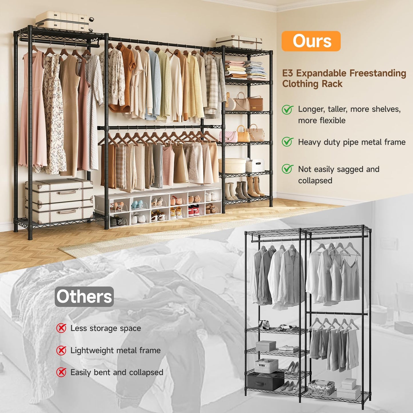 ONBRILL E3 Expandable Heavy Duty Garment Rack, Freestanding Closet Organizer System with 8 Wire Shelves & 3 Hanging Rods, Modular Metal Pipe Clothing Rack, Max Load 1000 LBS, Portable Closet, Black