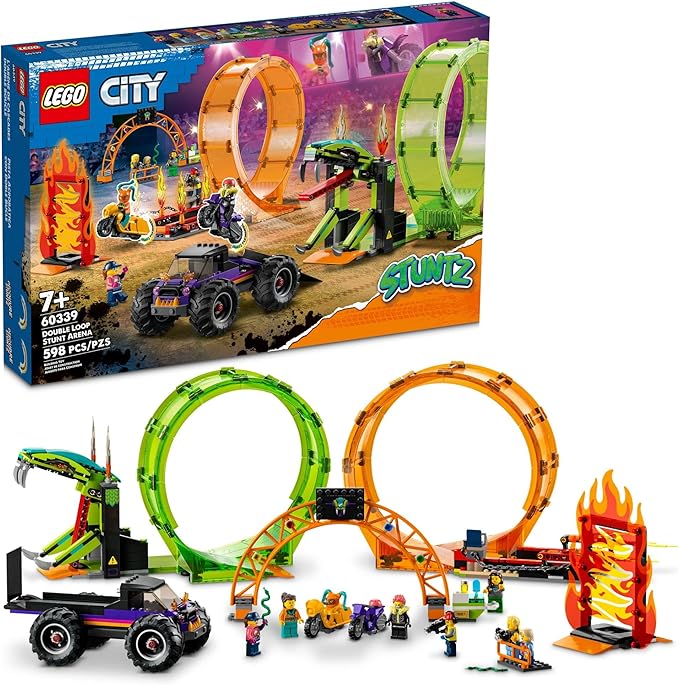 LEGO City Stuntz Double Loop Stunt Arena 60339 Monster Truck Playset with 2 Toy Motorcycles Ramp Wall of Flames Ring of Fire Snapping Snake Loop and 7 Minifigures for Kids Ages 7 Plus