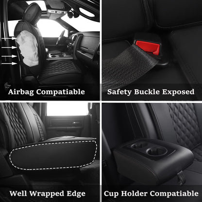 JOJOBAY Car Seat Covers for Dodge Ram,Fit 2009-2025 1500/2500/3500 HD Pick-up Truck,Crew,Regular,Quad,Mega Cab,Waterproof Synthetic Leather Seat Covers(5PCS-Full Set,Black)