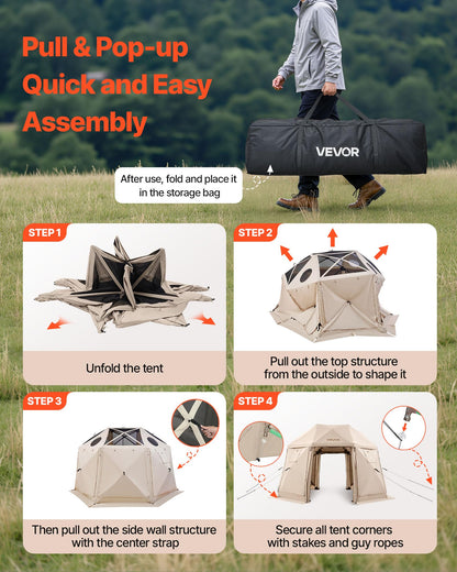 VEVOR Pop Up Gazebo Screen Tent, 12 x 12 ft Large High 13-Sided Camping Canopy Tent with Removable Top & Carry Bag, Quick Set & Bite-Proof Mesh Screen Sun Shelter for 8-10 Persons Backyard Patio