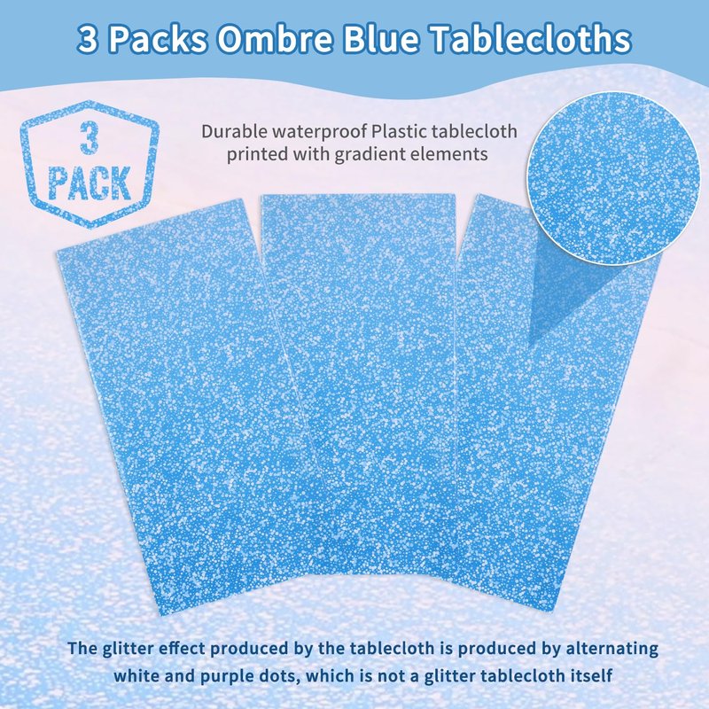 Kesfey 3 Packs Ombre Blue Plastic Tablecloth 54 x 108 Inch Gradient Pastel Blue Table Cloths Rectangle Disposable Royal Blue Sprinkle Glitter Table Covers for Birthday Baby Shower Party Decorations