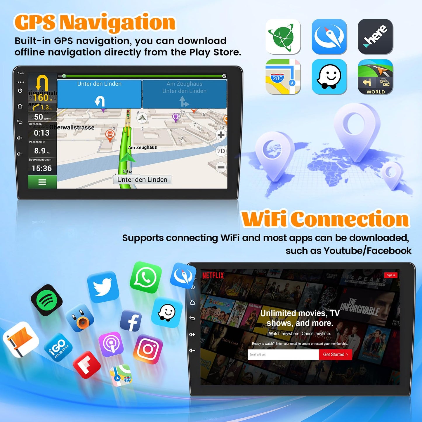 Roinvou 2+64G Android 10.1" Touch Screen for Jeep Compass Patriot 2010-2016 with Wireless CarPlay Android Auto WiFi Bluetooth GPS Navigation FM RDS Radio Backup Camera