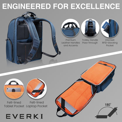 EVERKI Onyx Premium Business Executive Laptop Backpack + Compression Packing Cube Set (S & M), 36L Capacity, 17.3" Laptop Compartment, Durable Water-Repellent Nylon & Leather Office Backpack - Navy