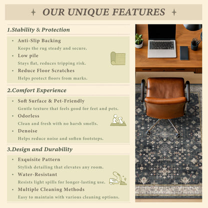 3x4 Black Boho Office Chair Mat for Hardwood Floors - Ultra-Soft Low Pile Desk Rug with Non-Slip Backing, Small 36x48 Computer Chair Area Rug for WFH Comfort and Floor Protection