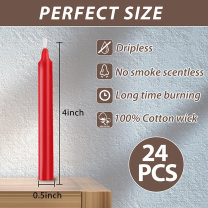 24 Pack Red Spell Chime Candles – Premium Mini Unscented Taper Candles for Rituals, Prayer, Meditation, Altar, Spells – 4" Tall – Ideal for Witches & Spiritual Practices