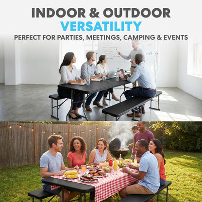 Simpli-Magic 6 Foot Folding Picnic Table Set with 2 Benches Portable Indoor Outdoor Camping Table for Working Meeting Party Picnic Weddings with Handle and Safety Locks Black
