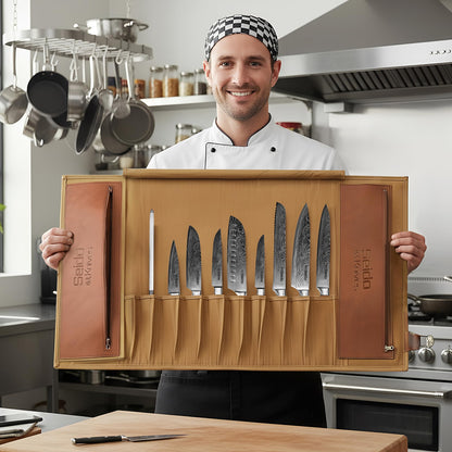 Seido Knives Classic Knife Roll Bag - Heavy Duty Canvas & Leather - Holds 18 Culinary Tools, Including 12 Large Knives, 4 Utensil Slots, and 2 Meat Cleaver Compartments