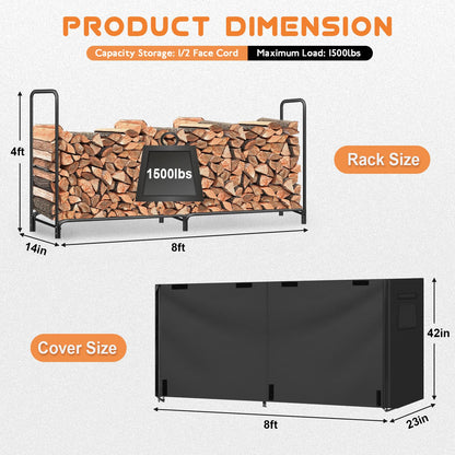 Gtongoko 8FT Firewood Rack Outdoor with Cover, Heavy Duty Wood Storage Racks with 600D Oxford Weather Resistant Waterproof Fabric Cover, Outdoor Firewood Holder