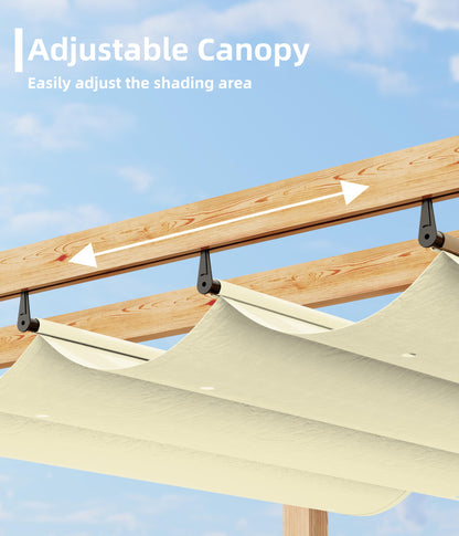 10' X 10' Aluminum Pergola Faux Wood Outdoor Pergola with Retractable Canopy Metal Pergolas Shelter for Backyard, Deck, Patio, Garden Porch Beach Sun Shade Pavilion Grape Trellis Grill, Beige
