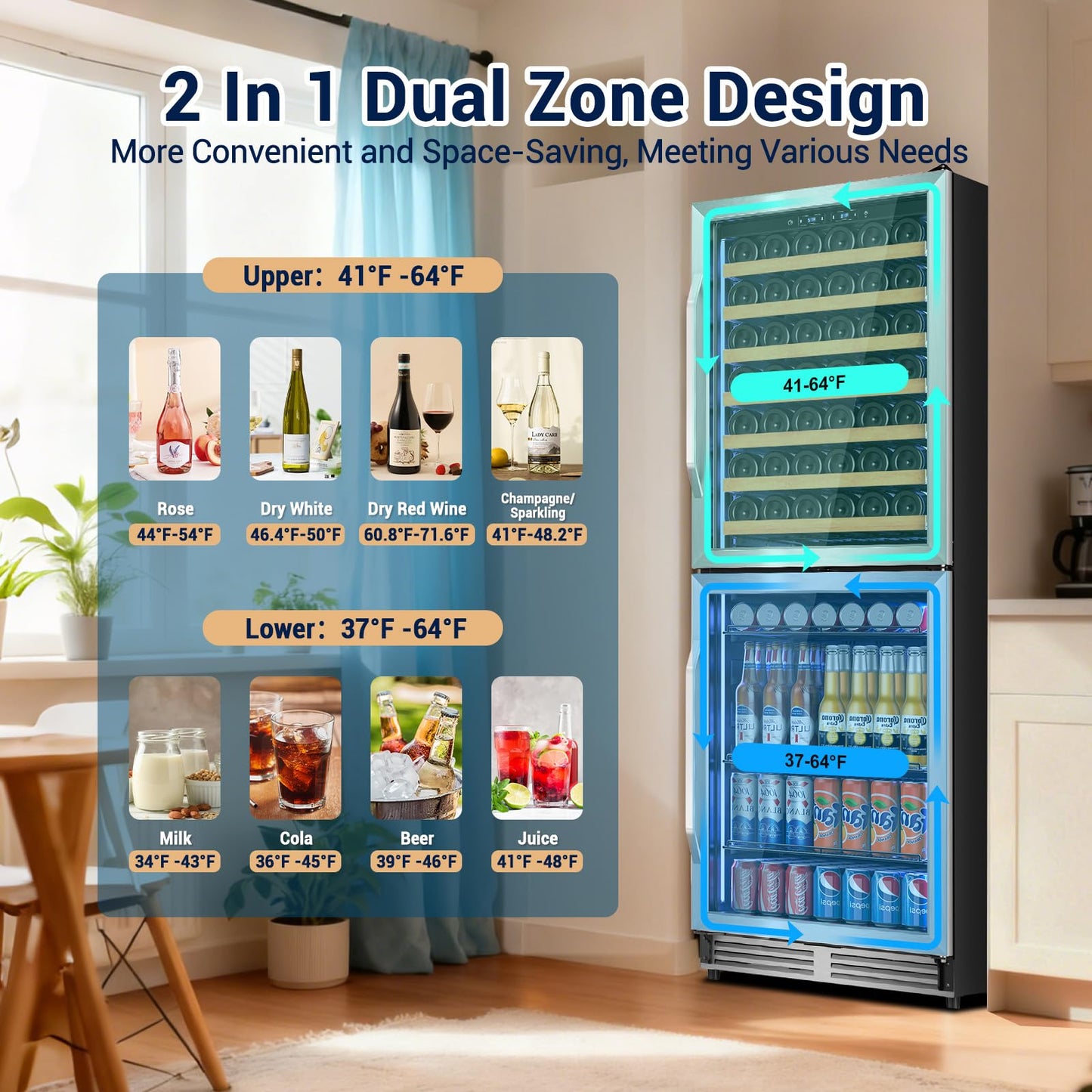 Tylza 24'' Wine and Beverage Refrigerator, Dual Zone Wine Fridge with 190 Cans and 90 Bottles, Upgraded Compressor, Low-E Tempered Glass, Safety Lock, 2 In 1 Beverage Fridge for Home or Commercial