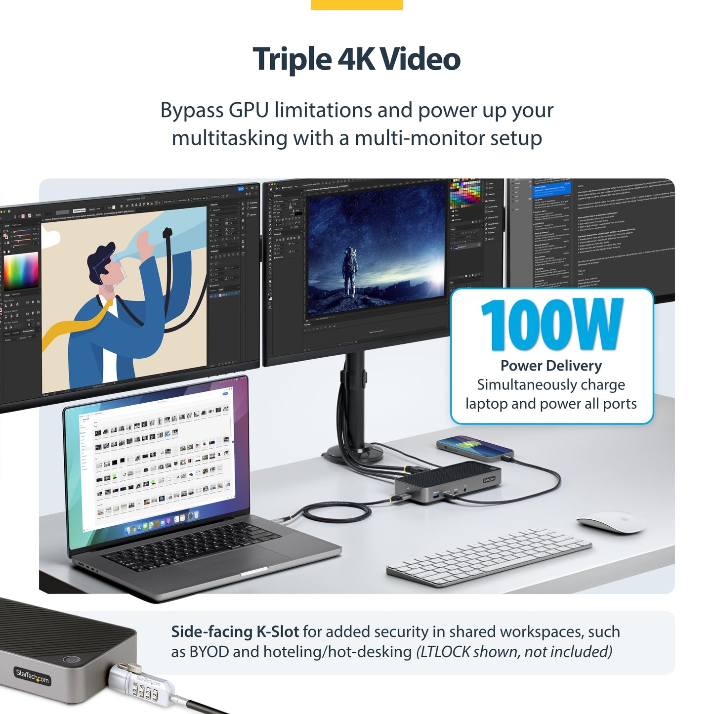 StarTech.com USB-C Triple Monitor Docking Station for MacBook Pro / Air M1 M2 M3 M4 & Windows, Universal 4K HDMI DP Dock, Thunderbolt Compatible, 100W Laptop Charging (116N-USBC-DOCK)