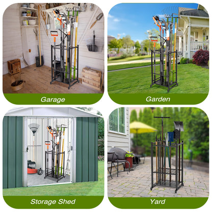 Garden Tool Organizer, Yard Tool Tower Rack for Garage Organization and Storage, Up to 35 Long-Handled Tools/Rakes/Brooms, Heavy Duty Steel Garden Tool Stand for Shed, Outdoor, Black