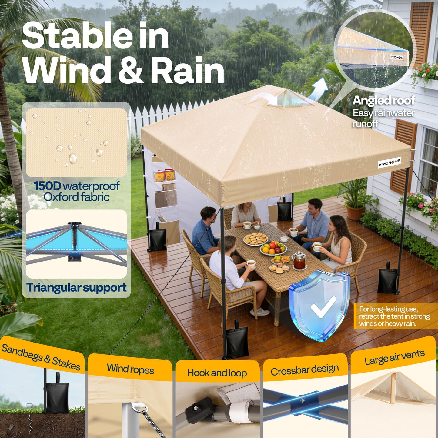 VIVOHOME 10x10ft Pop Up Canopy Tent with Sidewall and 6 Pockets, One Push Setup Outdoor Portable Shelter Tent Heavy Duty with Wheel Carry Bag and 4 Sandbags, Beige