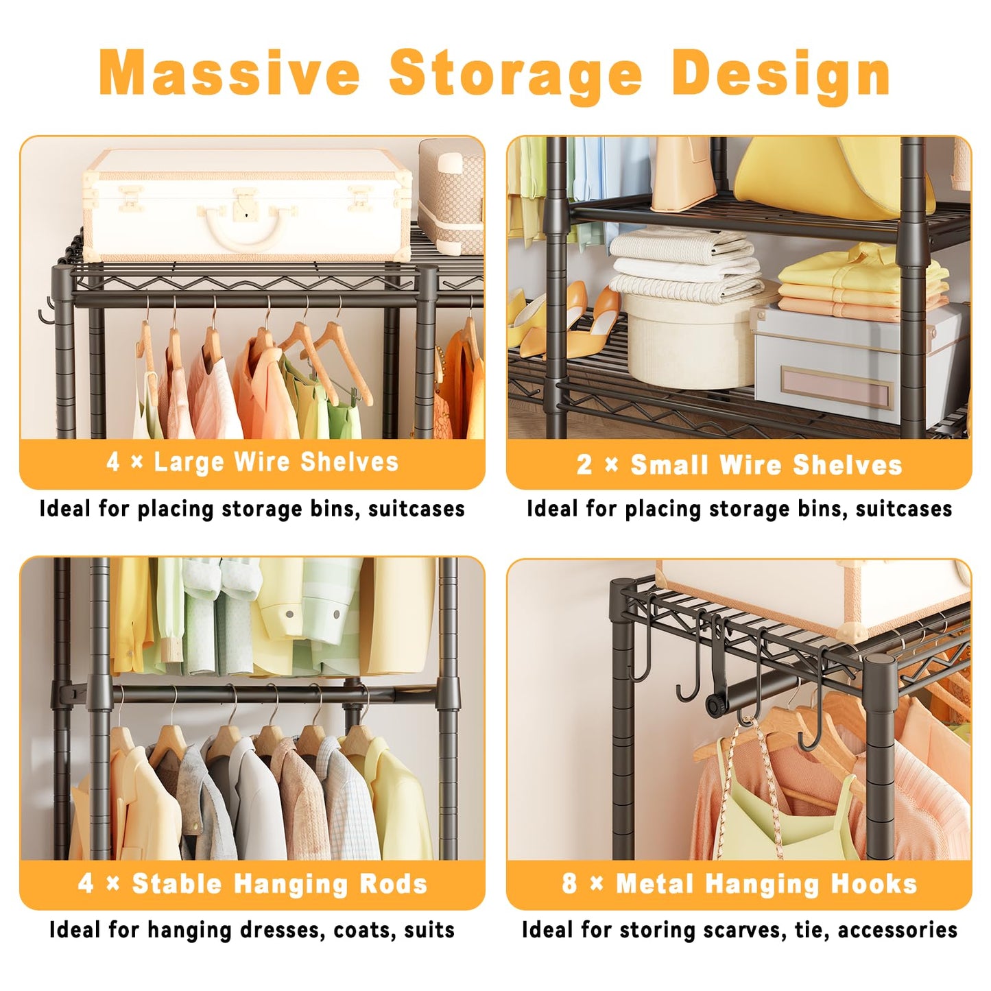 ULIFHOME H41 Garment Rack Heavy Duty Clothes Rack, Clothing Racks for Hanging Clothes, Extra Large Freestanding Portable Closet Wardrobe Rack 78.5'' W × 15.8'' D × 76.4'' H, Max Load 1150 Lbs, Black