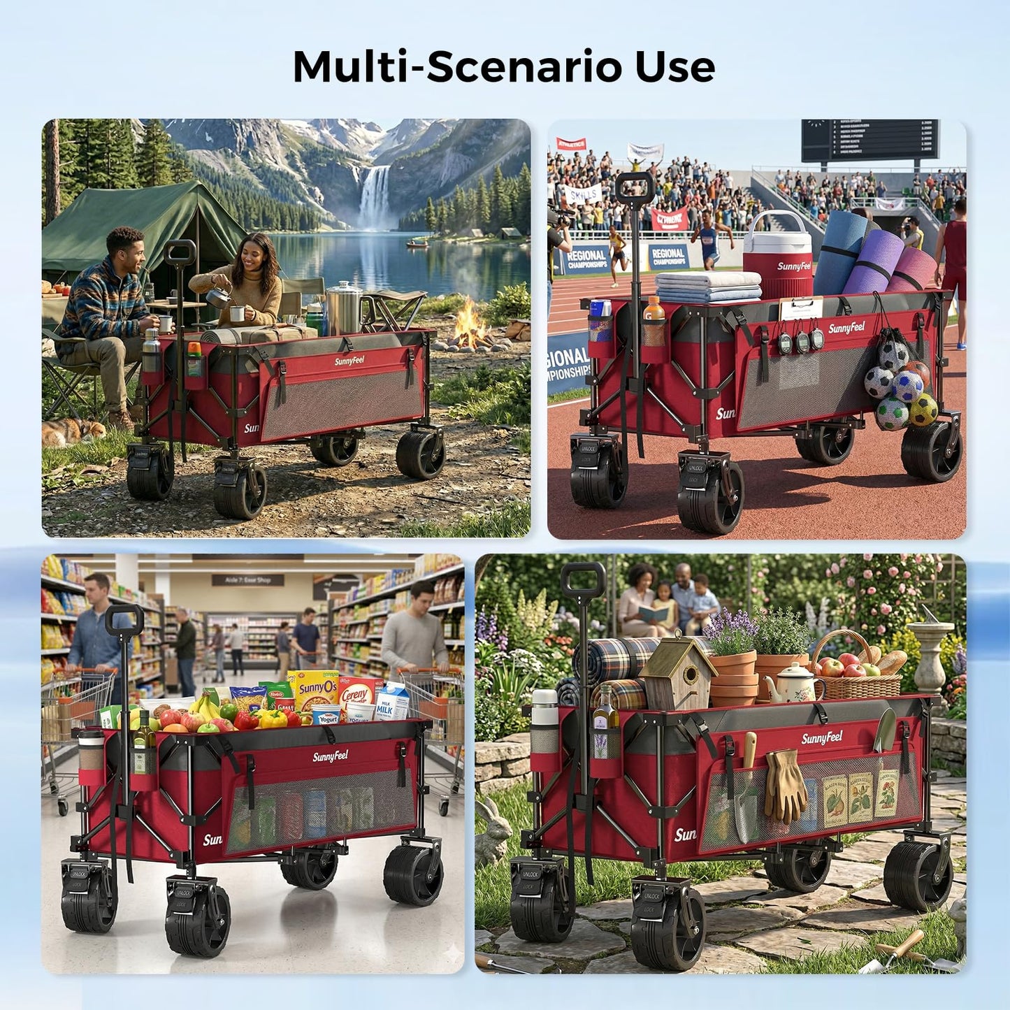 SUNNYFEEL 49" L Foldable Wagon Cart with Big Wheels - 550lbs Heavy Duty Extra Long Collapsible Shopping Cart - Utility Grocery Wagon for Garden Sports Camping Outdoor Activities (Red)