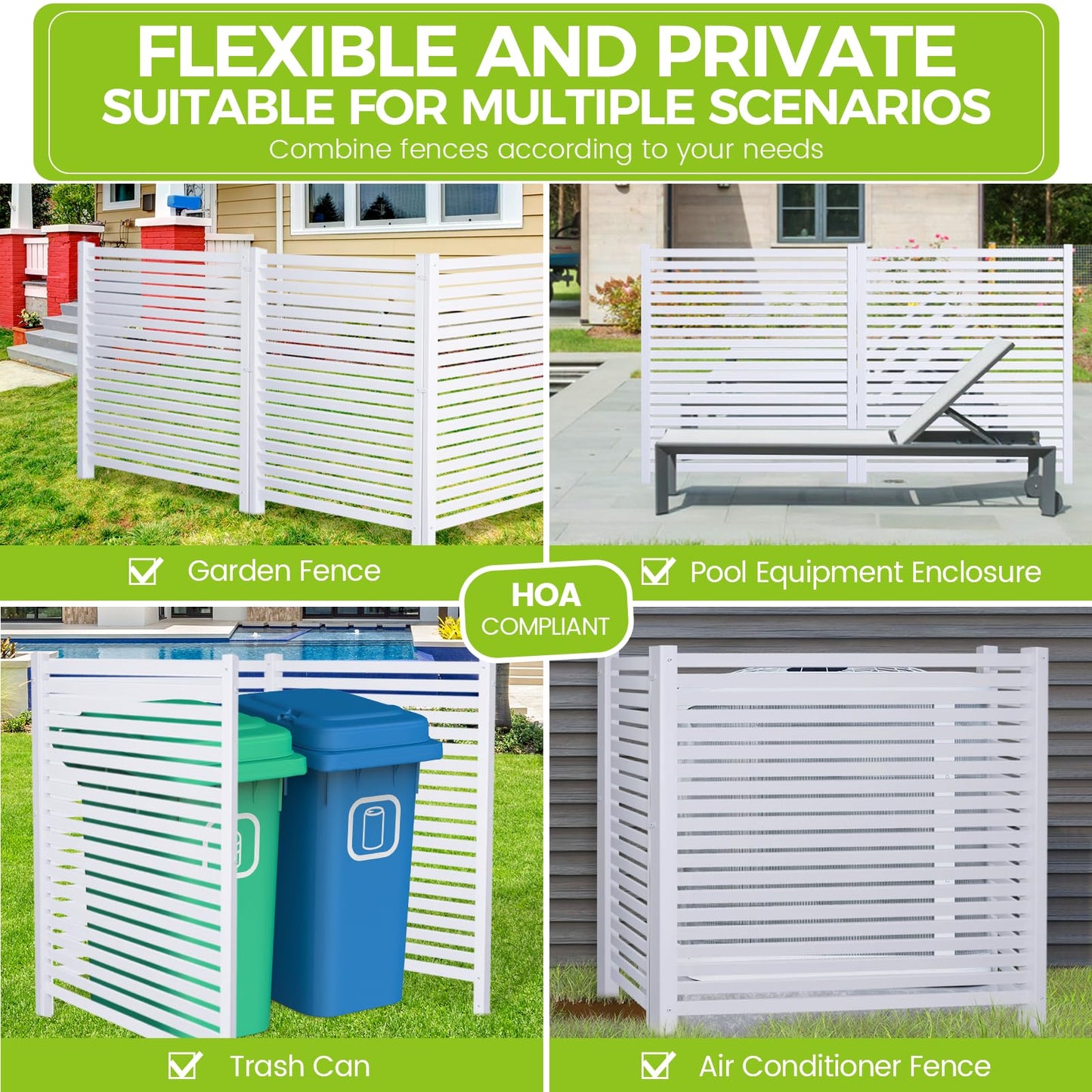 WEEDING Air Conditioner Fence 48" W X 48" H Trash Can Fence Pool Equipment Enclosure Vinyl Privacy Fence Outdoor No Dig Privacy Fence 3 Panels with Metal Stake, White