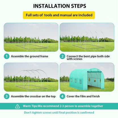 Patikuin Spacious Walk-in Tunnel Greenhouse – Sturdy Galvanized Steel Frame, Roll-Up Zipper Door, 6 Screen Windows, Heavy Duty Green PE Cover – Ideal for Garden Plants, Winter Vegetables, Seedlings