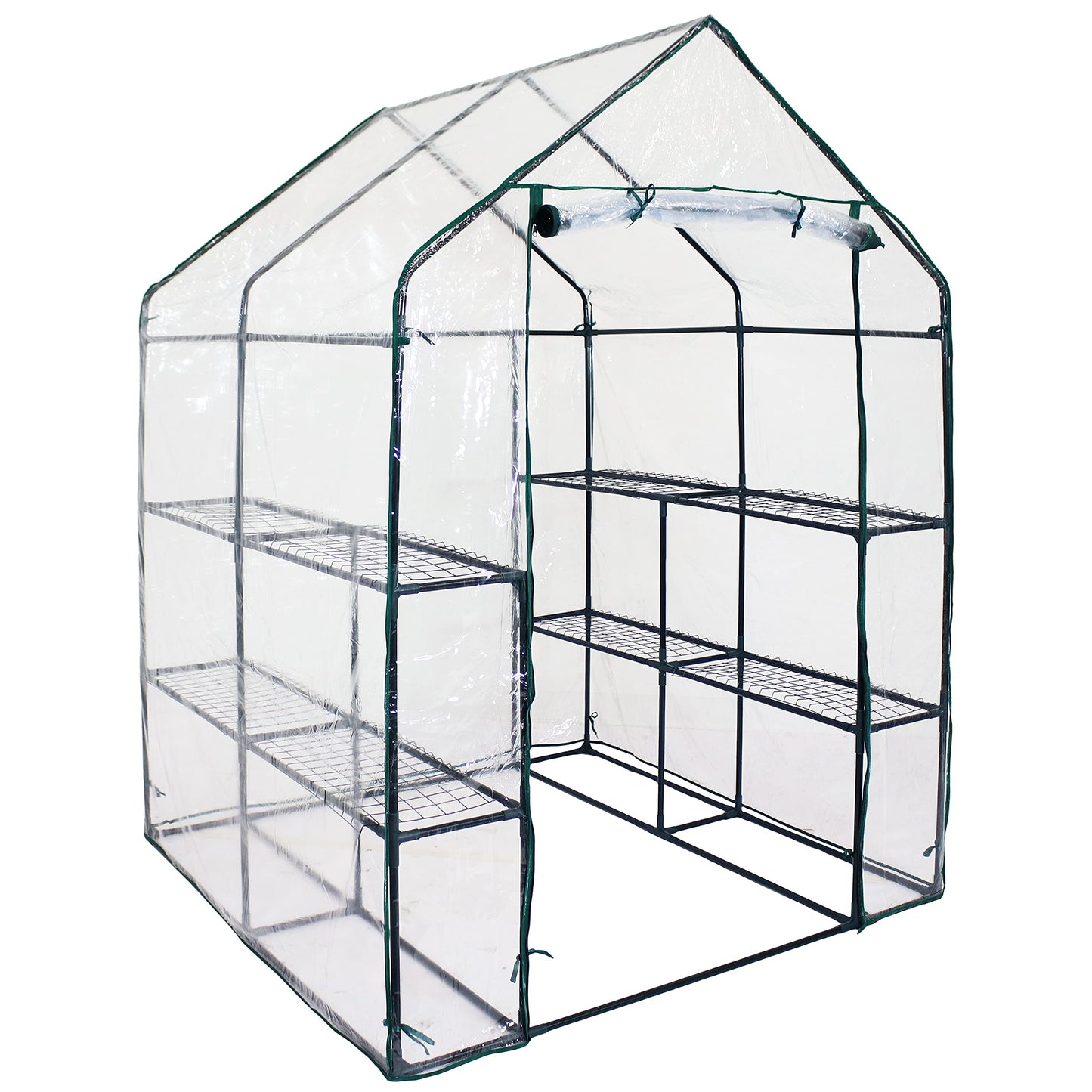 Sunnydaze Portable Outdoor Grandeur Walk-in Greenhouse with 4 Steel Wire Shelves and Roll-Up Door - Clear